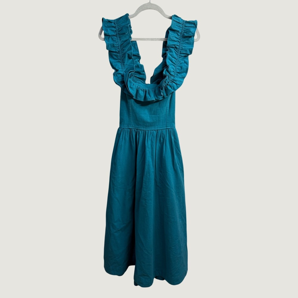 Free People Shore House Ruffle Strap Maxi Dress Teal Blue Sz S Boho Cottagecore